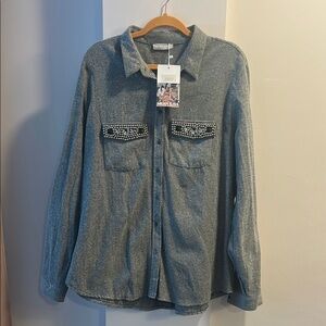 Gray Beaded Button-Up Shirt